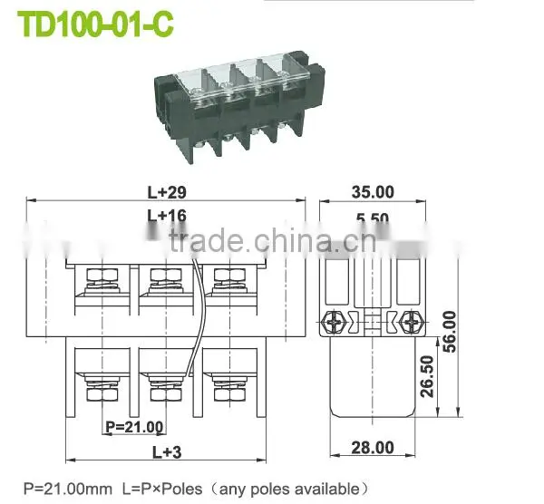 21.00mm Pitch Feed Panel Through Terminal Block With Dual Level 600V 101A photo-2