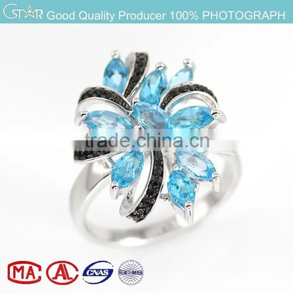 2015 Popular White Plated Blue Topaz Natural Stone 925 Silver Ring for Ladies
