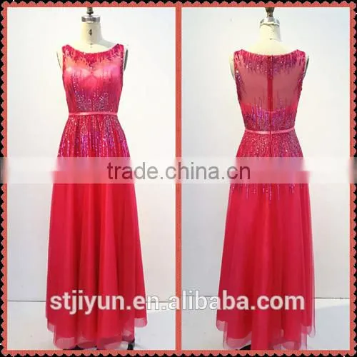 Red Sleeveless Chaozhou Beaded Long Evening Dress