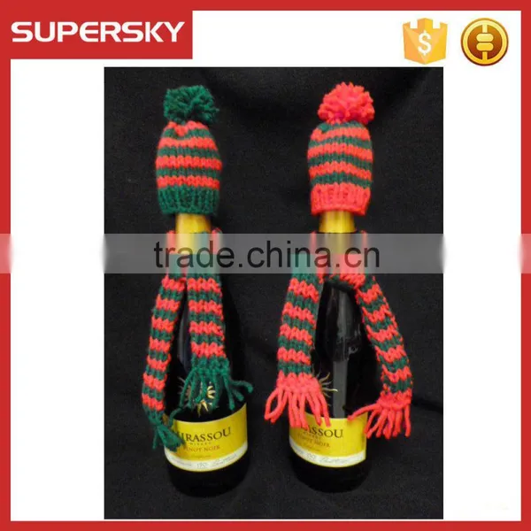 C1571 Holiday Wine Bottle Hat and Scarf Cozy Crochet Wine Bottle Hat Elf Scarf Hat Set