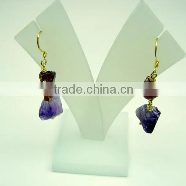 Amethyst & Garnet Raw Gemstone Dangler 925 Sterling Silver Earring Jewelry, Rough Gemstone Dangle Earring photo-2