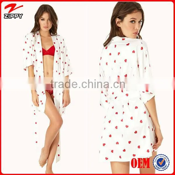 2016 Oversized Short Sleeve Heart Print Satin Bath Robe Women