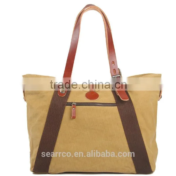 Wholesale Super Canvas Shopping Bag Beach Tote Bag With Leather Trim and Leather Handle photo-4