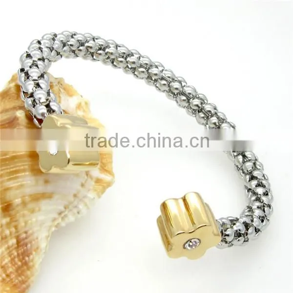 Trendy Women Two Tone Stainless Steel Cuff Bracelet Crystal Flower Bangle Jewelry photo-2