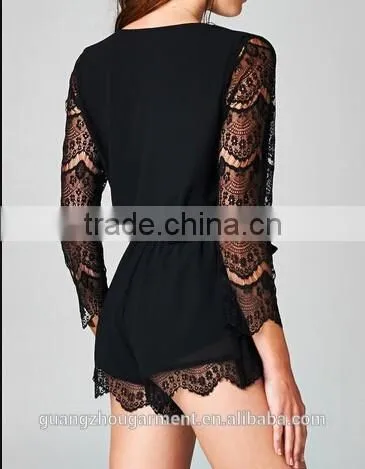 2015 New Stylish Sexy Ladies Deep V Neck Open Front Romper Playsuit Lace Sleeve Short Jumpsuit photo-5