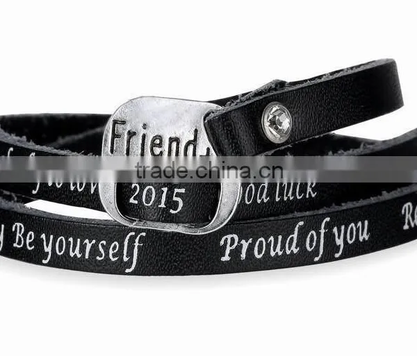Hot Sale 2015 Leather Wrap Bracelet Custom Logo Letter Words Hand-stamped Leather Bracelet CZ Stone Pave Leather Wrap Bracelet photo-4