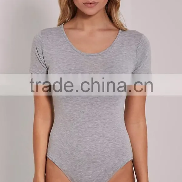 Women Body Shaper Basic Grey Round Neck Bodysuit Short Sleeve 95 Cotton 5 Spandex Jumpsuit photo-5