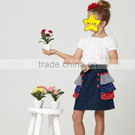 Wholesale Children's Boutique Clothing Girls Cotton Skirt Lace Trim Button Design photo-3