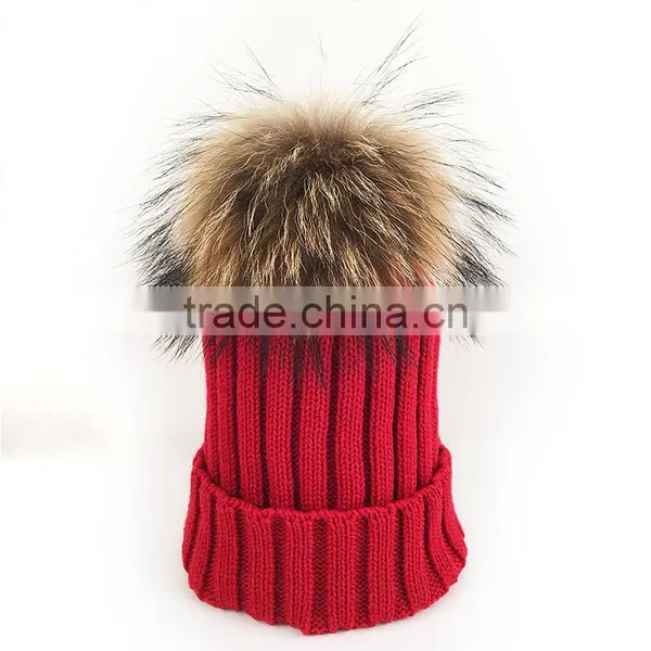 Myfur Wholesale Red Color Real Raccoon Fur Pompom Knit Hat Detachable Fur Pom Pom Crochet Hat photo-3