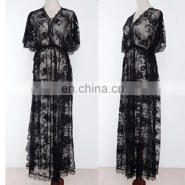 Maxi Long Sleeves Beach Lace See Through Cardigan Cover Up Dress photo-4
