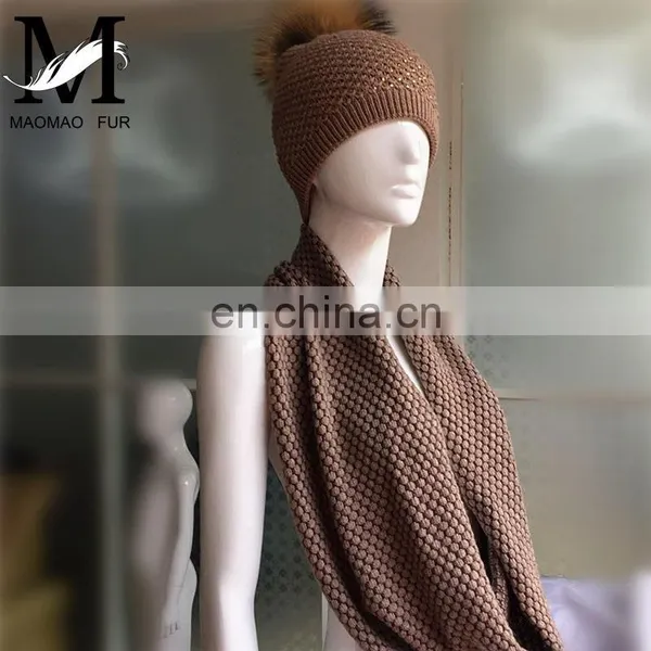 Wool Flat Knitting Beanie Pompom Hat Fashionable Lady Scarves One Piece Hat and Scarf photo-6