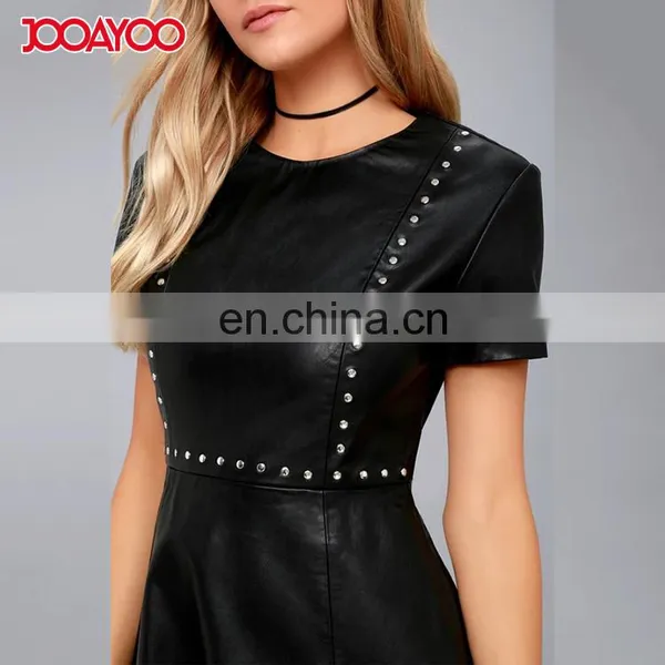 Women Clothes Skater Dress Fashion Black Leather Mini Dress for Ladies photo-4