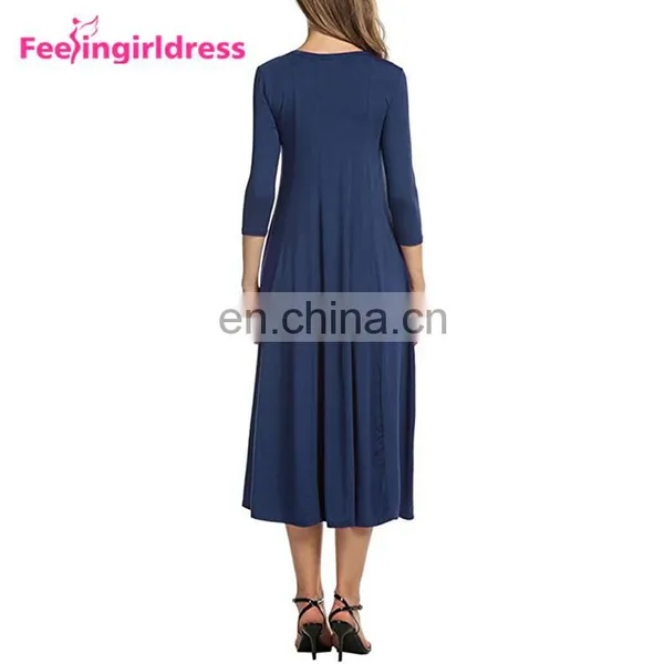 Latest Design Women Blue Long Sleeve Plus Size Autumn Midi Casual Dress photo-3
