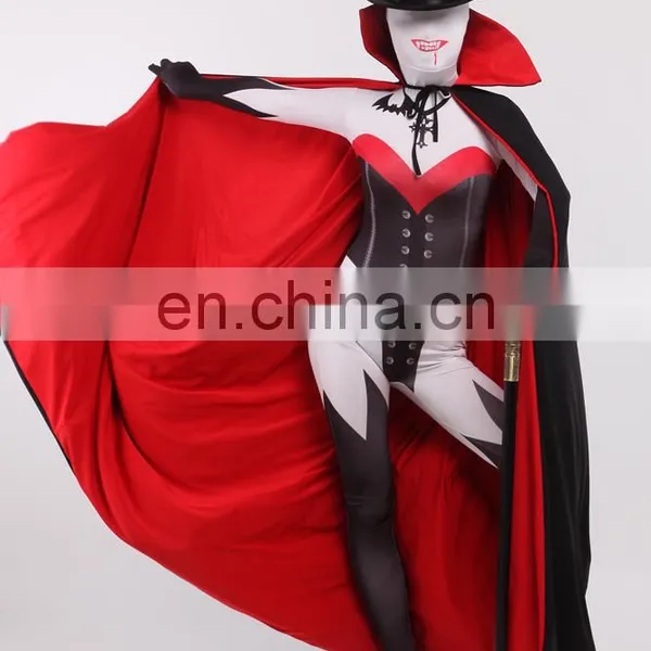 Magician Full Body Hood Zentai Costume Cosplay Suit Red Cloak Halloween Dress