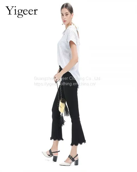Short Sleeve Turn Down Collar Strip Print Slim Fit Women’s Shirt