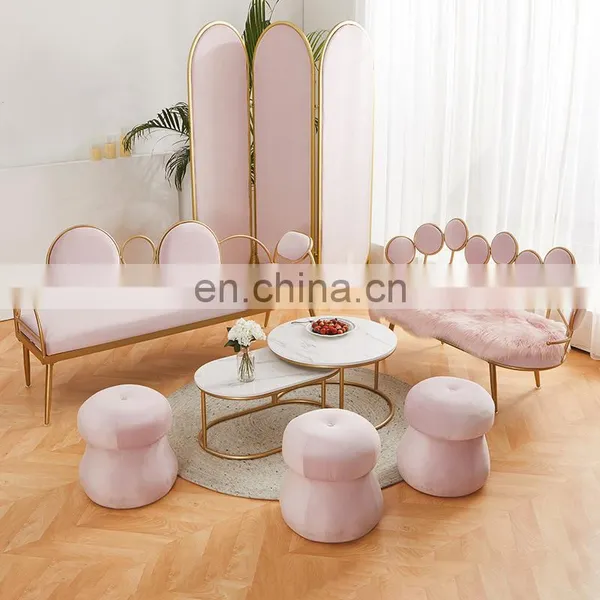 Modern 3 Seaters Fabric Couch Shopping Mall Blush Velvet For Salon Or Shop With Waiting Sofa photo-3