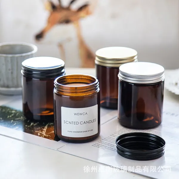 High Quality 3oz 8oz 16oz 100ml 250ml 500ml Amber Glass Holders Lanterns Candle Jars With Lid photo-3