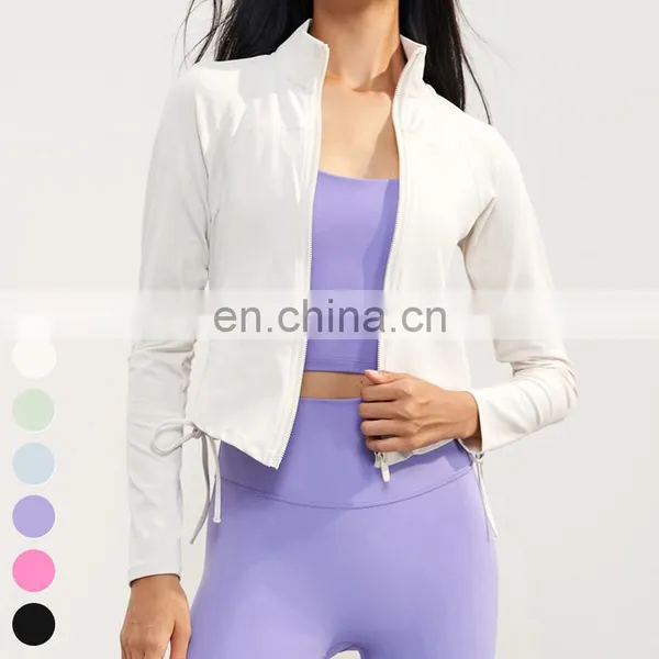 Custom Women Clothing Stand Up Collar Full Zip Drawstring Sports Tops Long Sleeve Gym Fitness Short Jackets Women Yoga Jacket photo-3