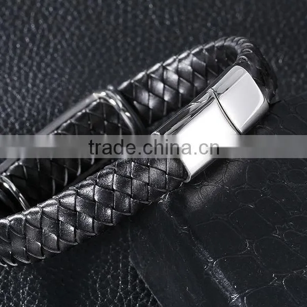 Latest Design Wide Braided Leather Bracelet Men Black Genuine Leather Bangle 316L Stainless Steel Magnetic Clasp photo-4