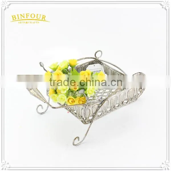 Antique Gray Metal Wheel Barrow Flower Pots photo-4