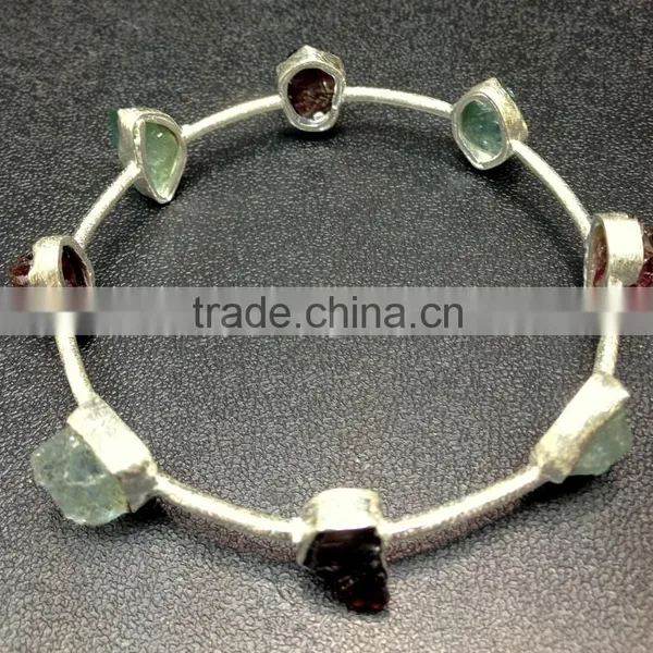 Rough Garnet and Aquamarine Gemstones 925 Sterling Silver Bangle photo-3