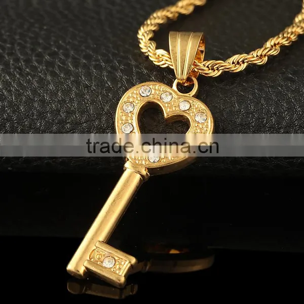 2016 Fashion Simple Lover Copper Key Pendant 18k Gold Crystal Jewelry photo-2