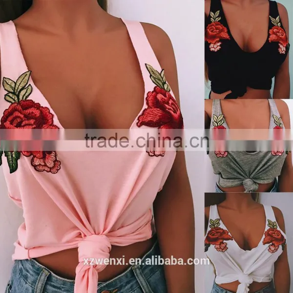 Sexy Tank Top Women Tops Crop Top Embroidery Rose T-shirt