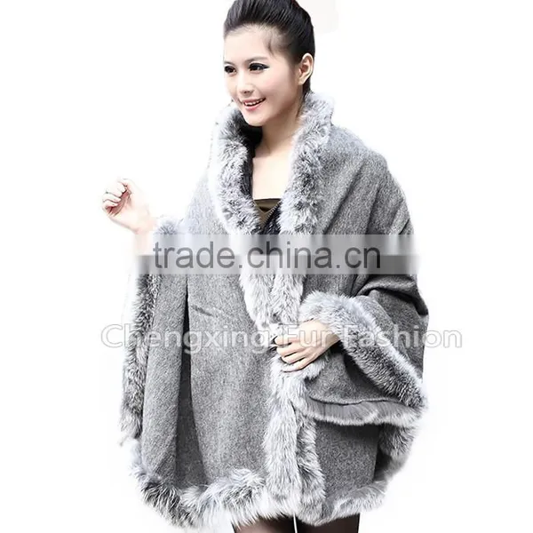 CX-B-P-25E 2016 New Product Fur Poncho Fur Cape With Fox Fur Trimmed photo-2