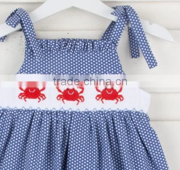 Baby Boutique Cotton Blue Sleeveless Smocked Girl Dresses Summer Frock Design for Kids Clothing photo-2