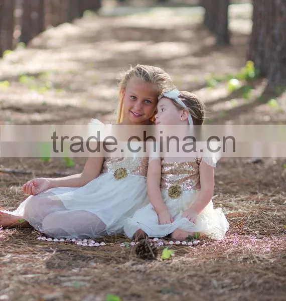 Ivory Gold Sequined Glitter Tulle Lace Fabric Baby Dress Pictures Girls Tutu Dress photo-3