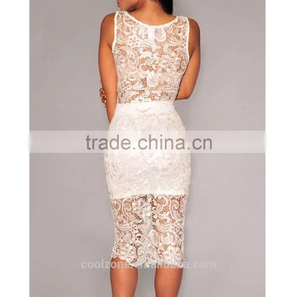 Ladys Sexy Floral Sheer Sleeveless Lace Crop Top and Midi Skirt Set Women Party Dress photo-3