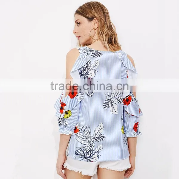 Frill Design Cold Shoulder Blue Stripe Top Ladies Floral Casual Blouse photo-4