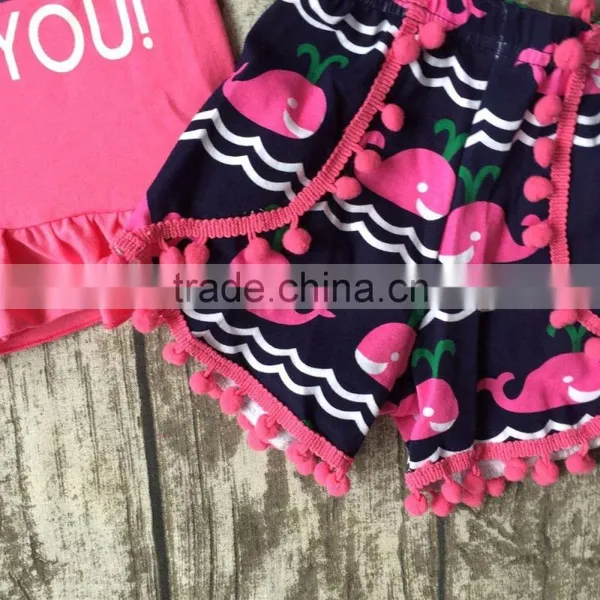 Baby Girls Shorts Sets Boutique Outfit Cute Hot Pink I Whale Love You Summer Cotton Chevron Clothes Macth With Necklace and Bow photo-3