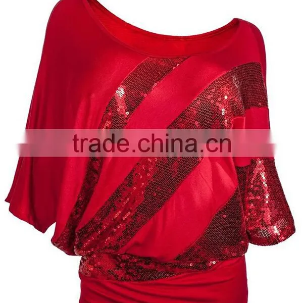 Female Shirt Summer Short Sleeve Sequin Asymmetry Women Tops S6310011