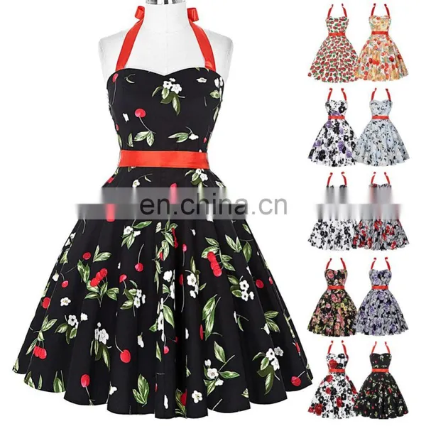 Grace Karin Ladies Halter Plus Size Sleeveless Cherry Printed Vintage Pin Up Vintage Retro Dress CL4595-1# photo-5