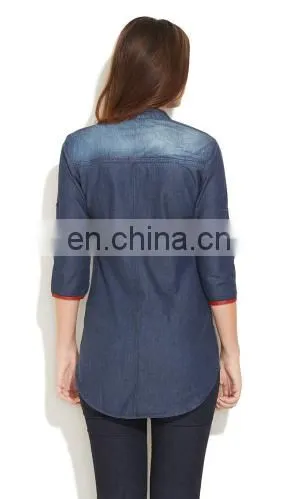 ONSALE NEW FASHION EUROPEAN STYLE COLLAR NECK SHIRT TRENDY HOT WOMENS' DENIM SHIRT BLOUSE TUNIC DRESS SUMMER TOPS FOR LADIES photo-3