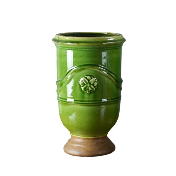 Retro European Countryside Hand Made Blue Green Ceramic Floor Vase For Balcony Garden Decor photo-5