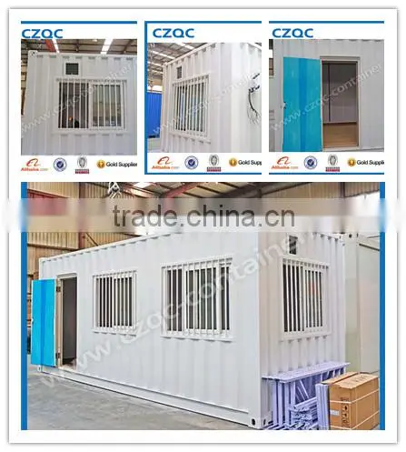 shipping container office with two windows and one door