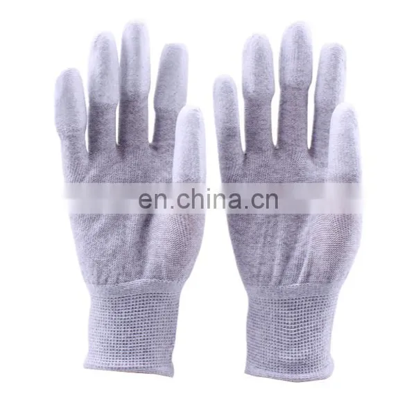 Cheap PU coated fingers Anti-static polyester nylon cotton white work gloves