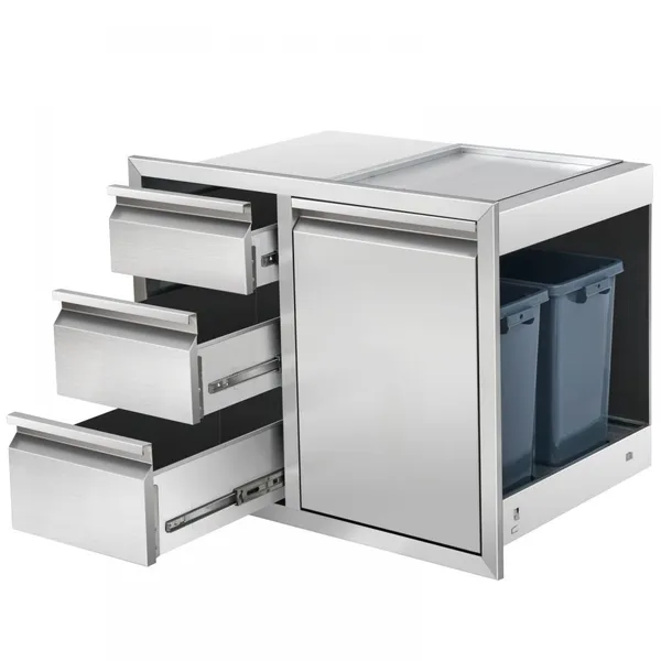 Pull-out Trash Can Drawer With Bottom Sliding Rails, Steel Roller Trash Can With Handle, Suitable for Outdoor Kitchen BBQ Islands.