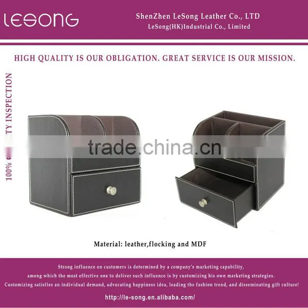 Desktop Faux Leather Pen Holder With Drawer/Multifunctional MDF Pen Box
