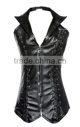 Fashionable Lapel Lace-Up Faux Leather Solid Color Women's Corset photo-2