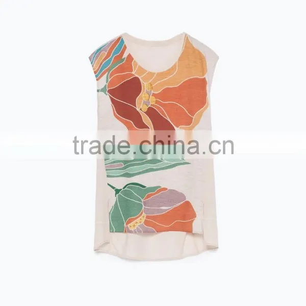 2015 New Fashion Sleeveless Round Neck Print Chiffon Lady Top Designer photo-5