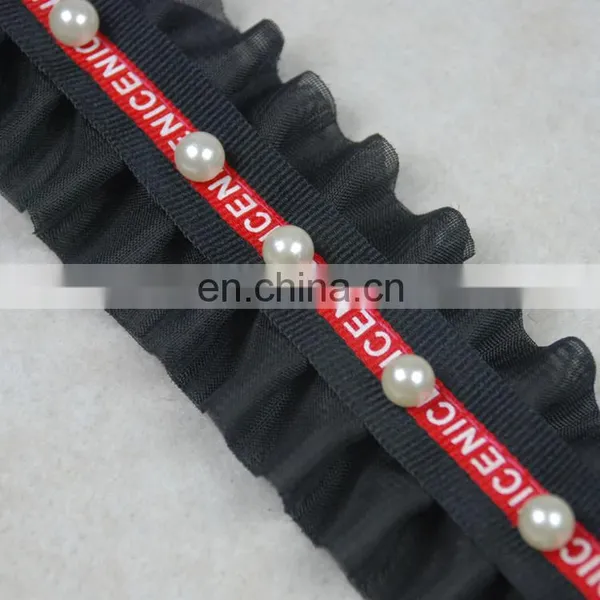 Black Color Beaded Chiffon Ruffle Pearl Trim in 2.5cm photo-4
