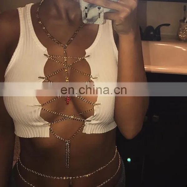 Cheap Nice Women Ladies Sexy Sleeveless Low-cut Vest Metal Chain Crop Tops Hot Night Club Wear photo-3