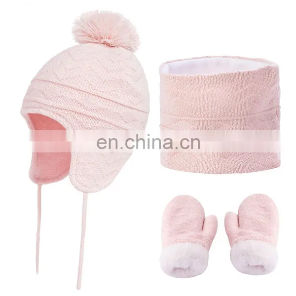 Winter Hats Scarf and Gloves Sets for Kids Toddler Baby Girls Boy Warm Knit Earflap Beanie Fleece Cap photo-3