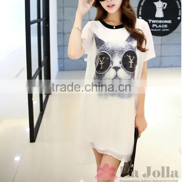 2016 Summer Fashion Ladies Printed Chiffon False Two-piece Sexy Short Sleeves T-shirt 142
