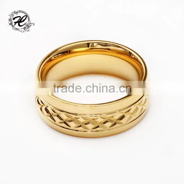 Hot Sale Custom Stainless Steel Gold Plated Etching Carving Pattern Ring for Men