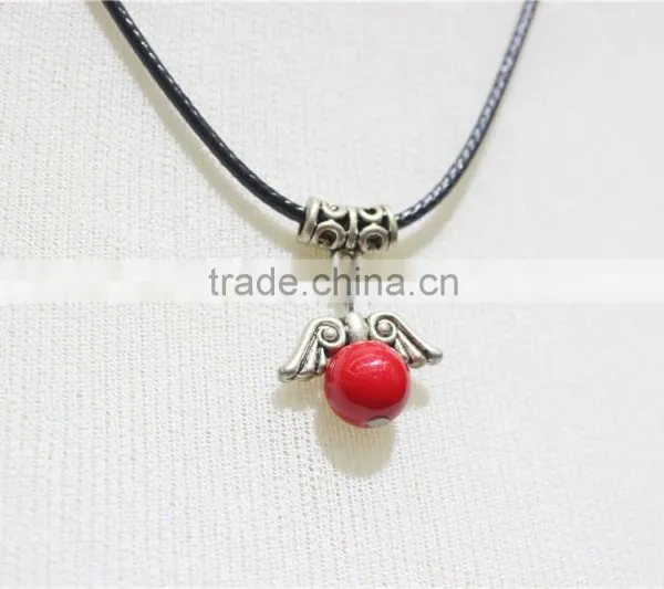 Vintage Antiqued Silver Wings Red Bead w/ Black String Pendant Necklace2016 Fashion Style Wholesale photo-4