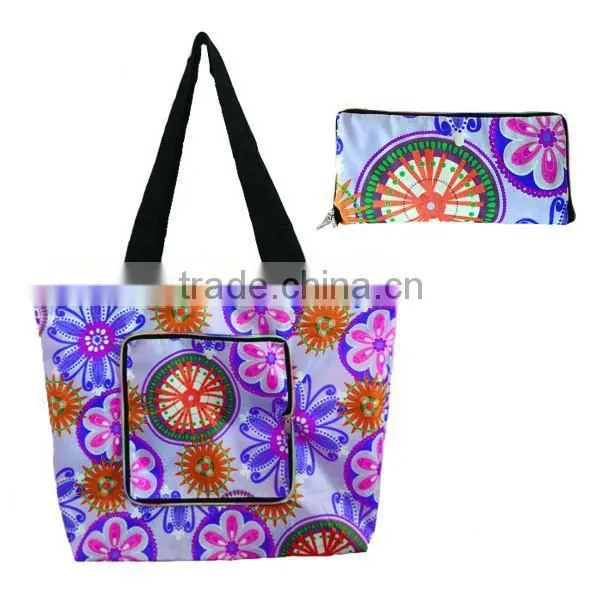 PP Handles Floral Print Polyester Foldable Beach Bag Wholesale photo-6